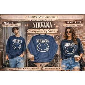 Nirvana Smiley Face Long Sleeve Tee Blue Vintage Wash Grunge Size L NWOT